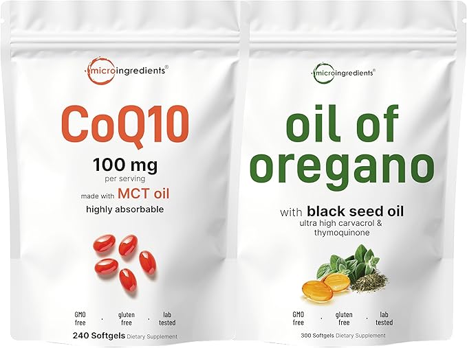 Micro Ingredients Oil of Oregano 6,000mg & CoQ10 100mg Softgels Bundle 2 Pack | 4X Strength Thymoquinone + Black Seed Oil | High Absorption Ubiquinone with Coconut MCT Oil