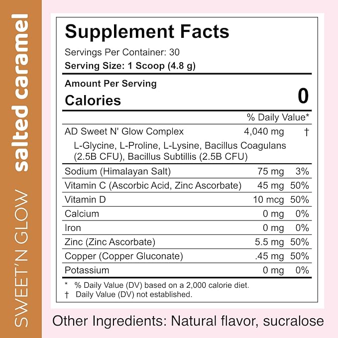 Project Ad Sweet' N Glow Zero Calorie Sugar Free Sweet'Ner with Collagen Building Agents (30 Servings, Salted Carmel)