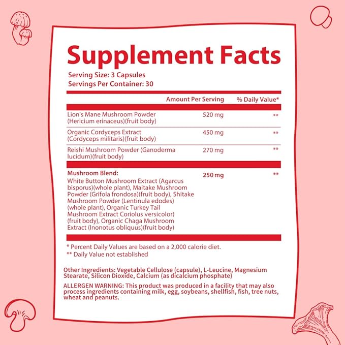 GOBIOTIX Focus Lions Mane Supplement - Mushroom Complex - Nootropics Adaptogen Vitamins - Memory, Clarity, Energy, Immune Support, Cordyceps, Reishi, Chaga, and Maitake - 90 Capsules