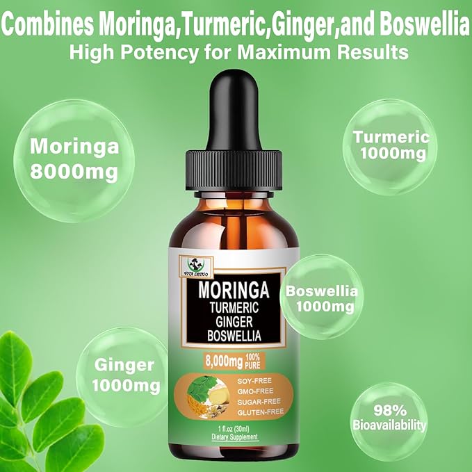 Moringa Drops - Organic Moringa Leaf Extract Liquid with Turmeric Ginger Boswellia for Energy, Skin Health, Gut Health - High Absorption Green Superfood w/Essential Vitamins & Amino Acids