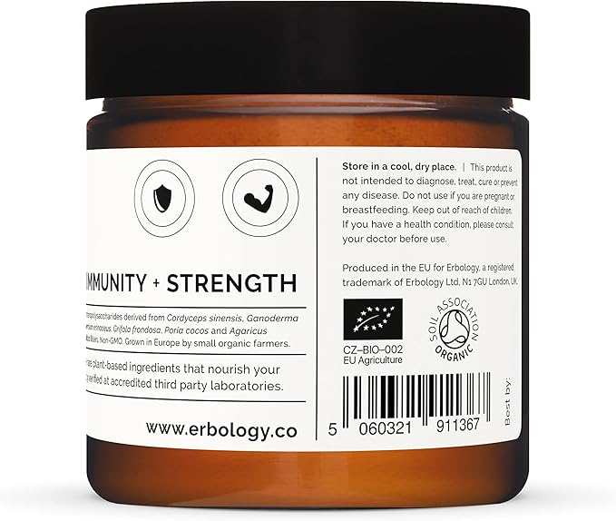 Erbology Organic Immunity Mushroom Complex 50 Servings - High in Beta-glucans - Reishi, Cordyceps, Lion's Mane, Turkey Tail - Sustainably Grown in Europe - Vegan - Non-GMO - No Added Fillers