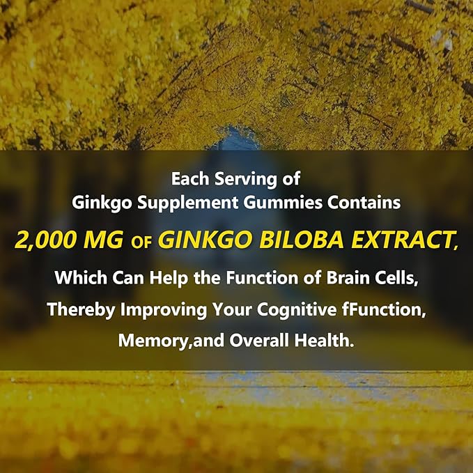 1 Pack 2000mg Ginkgo Biloba Gummies - Ginkgo Biloba Supplements for Brain Health Support, Improve Mood and Focus, Energy, Adult, Vegen, Non-GMO, Strawberry Flavor, 60 Count