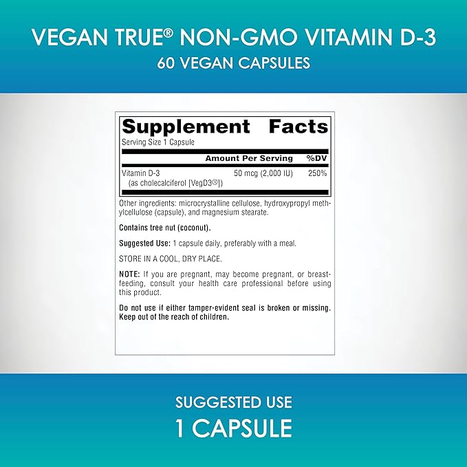 Source Naturals Vegan True, Non-GMO Vitamin D-3, Dietary Supplement for Immune and Bone Health*, 2,000 IU - 60 Capsules