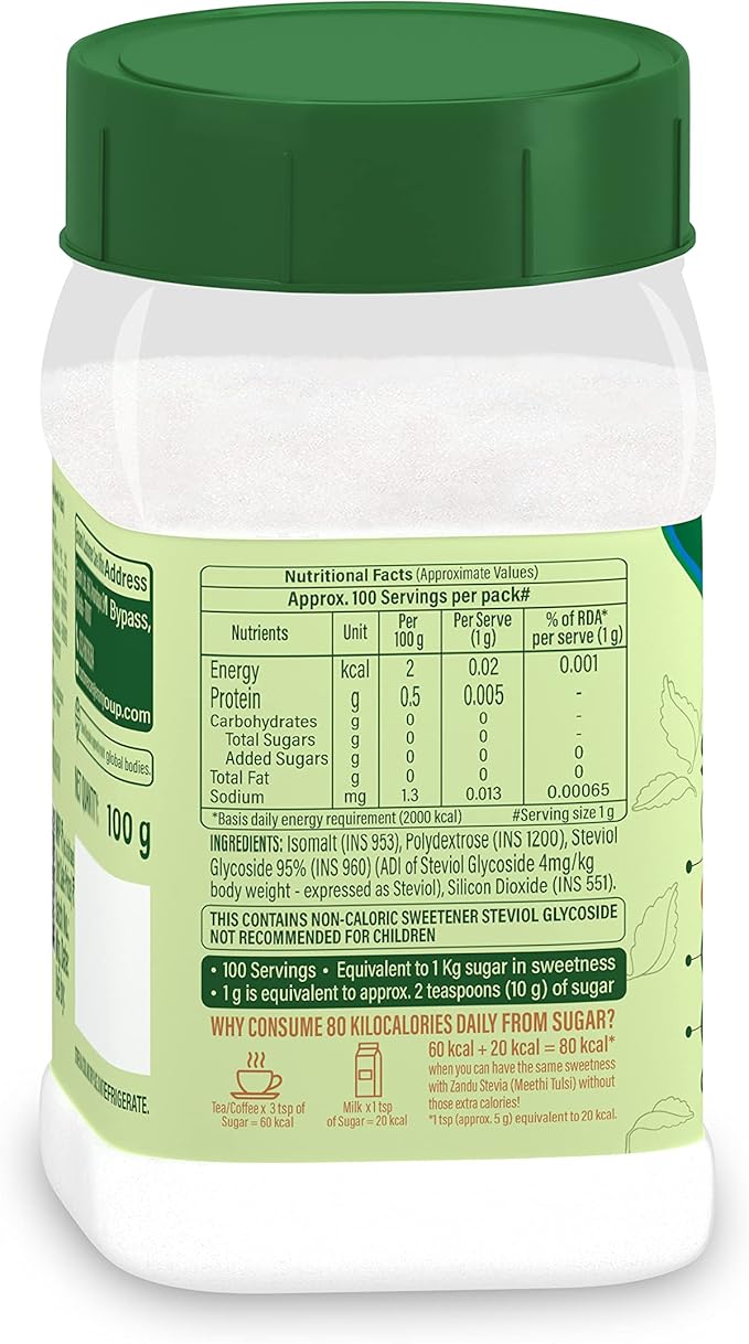 Zandu Stevia Meethi Tulsi Powder- A Healthier Substitute for Sugar, Helps Maintain Healthy Sugar Levels & Healthy Weight (100 g Powder)