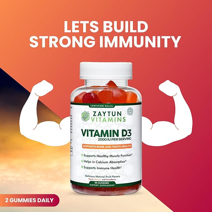Zaytun Halal Vitamin D3 2000 IU Gummies, Supports Bone & Immune Health, Promotes Muscle Function, Gluten & Gelatin Free, 90 Natural Fruit Flavor Gummies, Made in USA - Halal Vitamins