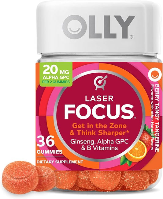 OLLY Laser Focus Gummy, Ginseng, Alpha GPC, B Vitamins, Berry Tangerine Flavor - 36 Count