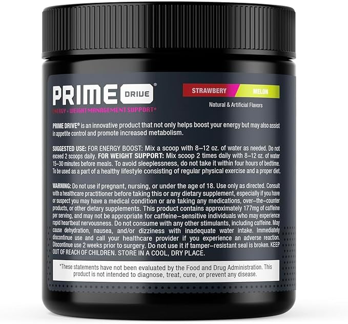 Prime Drive Energy Strawberry Melon Pre Workout Energy Drink Powder, Provides Extreme Energy, Focus and Intensity, Boosts Metabolism 10.2oz (30 Servings)