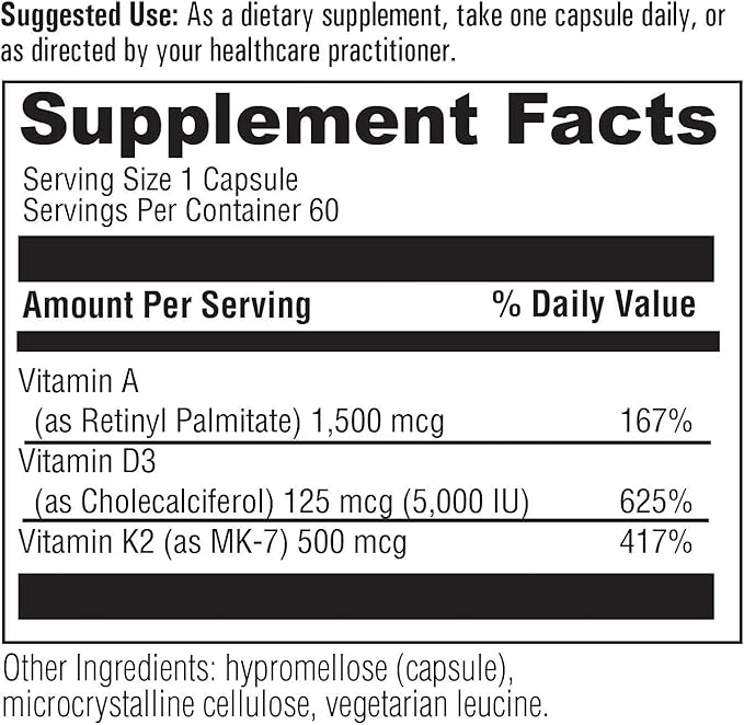 Vitamin ADK Supplement with Vitamins A, 5000IU Vitamin D3, and 500mcg Vitamin K2 (as MK-7) | Immune, Heart, & Bone Support | Non GMO | Gluten & Soy Free
