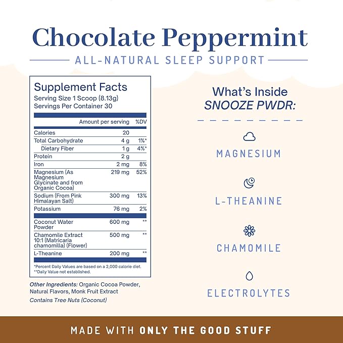 PWDRS Snooze Sleepy Time Hot Chocolate | All Natural Sleep Support | Magnesium Glycinate, L Theanine, Chamomile, Electrolytes | 20 Calories, Non GMO | Chocolate Peppermint
