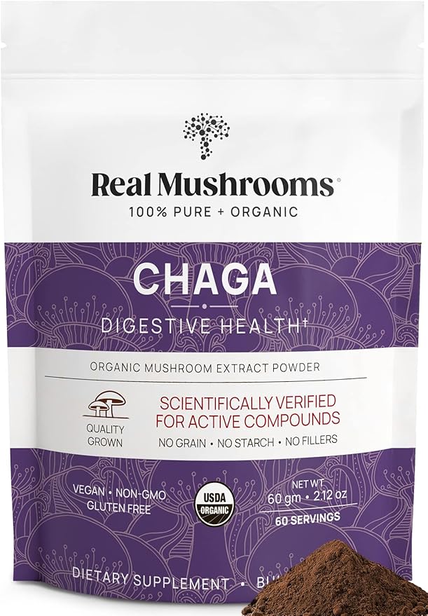 Real Mushrooms Chaga Powder - Organic Mushroom Supplement with Extract for Digestion, Energy, Immune Support Vegan Extract, Non-GMO, 60 Servings