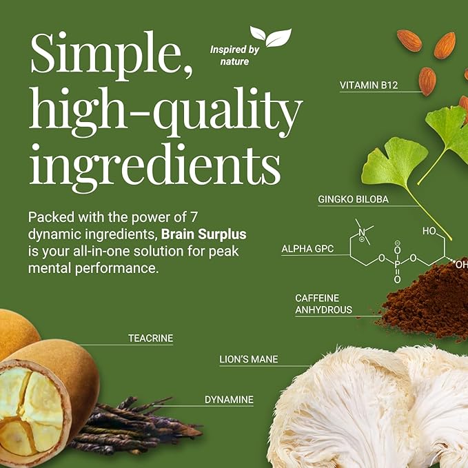 Nootropic Supplement for Memory, Focus, Energy: with Lions Mane, Ginkgo Biloba, Alpha GPC, Vitamin B12 Non GMO, Vegan, Gluten Free