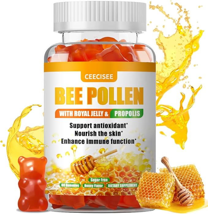 Bee Pollen Gummies with 1000mg Bee Pollen,300mg Royal Jelly,300mg Propolis,Calcium and Vitamin B6,C for People’s Skin,Immune,Energy,Honey Flavor (60 Count)