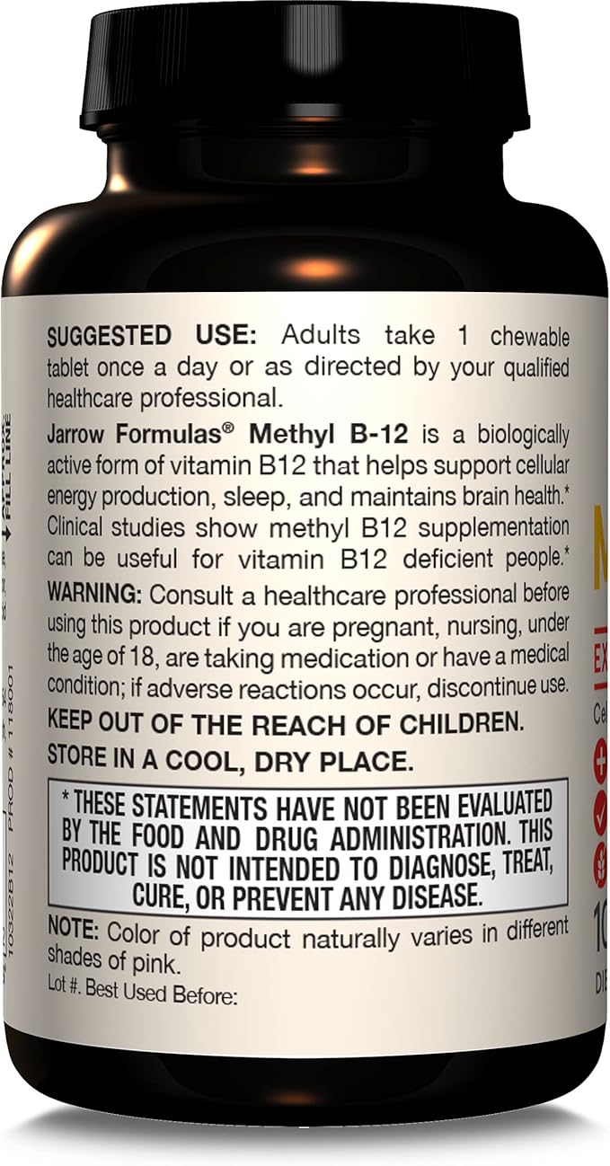 Jarrow Formulas Extra Strength Methyl B-12, Dietary Supplement for Cellular Energy Production, 100 Lemon-Flavored Chewable Tablets, Up to a 100 Day Supply
