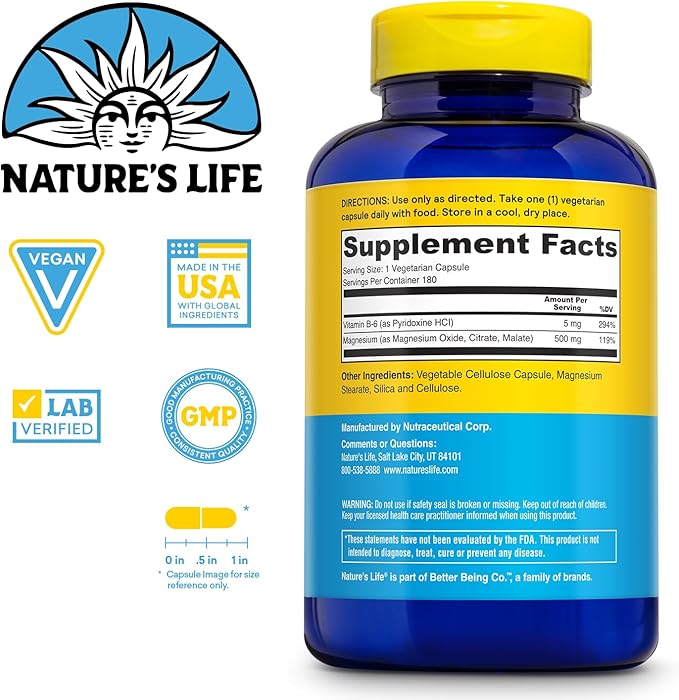 Natures Life Renewing Magnesium 500 mg - Magnesium Citrate, Magnesium Malate, Magnesium Oxide Plus Vitamin B-6 - Muscles and Nerves Support - Lab Verified (180 Servings, 180 VegCaps)