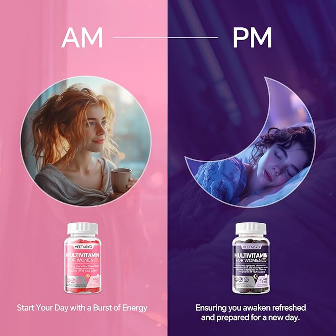 Multivitamin for Women AM & PM - Melatonin Free with w/Algae Calcium,Omega-3,Vitamin D3K2,Magnesium for Energy & Relaxation,Rest,Skin,Hair Support - Sugar Free, 24-Hour Support, Vegan,120 Count