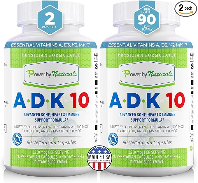 Power By Naturals ADK Vitamin Supplement – ADK 10 High Potency with Vitamins A, D3 10,000 IU & K2 MK7 for Superior Heart, Immune & Bone Health Support – 90 Capsules, 2 Pack (6-Month Supply)