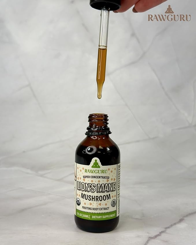 RawGuru Lion's Mane Mushroom Tincture - Vegan Lion's Mane Extract with Trace Minerals - Nano-Processed Immunity Boost & Cognitive Supplement - 120 Servings of Vegan Drops per 60 ml, Pack of 1