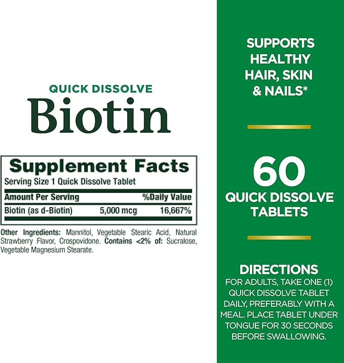 Biotin by Nature's Bounty, Vitamin Supplement, Supports Metabolism for Cellular Energy and Healthy Hair, Skin, and Nails, 5000 mcg, 60 Quick Dissolve Tablets