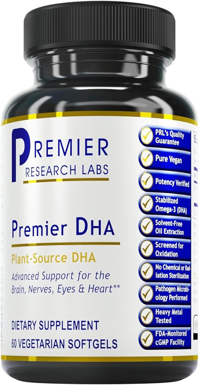 Premier DHA, 60 Softgels, Vegan Product - Plant-Source DHA for Premier Support for The Brain, Nerves, Eyes and Heart