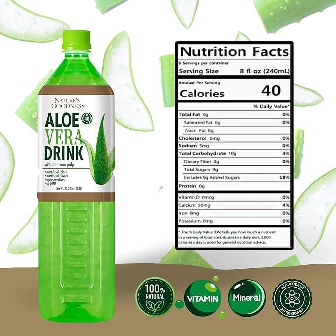 Nature's Goodness Aloe Vera Drink with Pulp - 50.7 Fl Oz (1.5 L) - Refreshing Beverage with Real Aloe Vera Juice