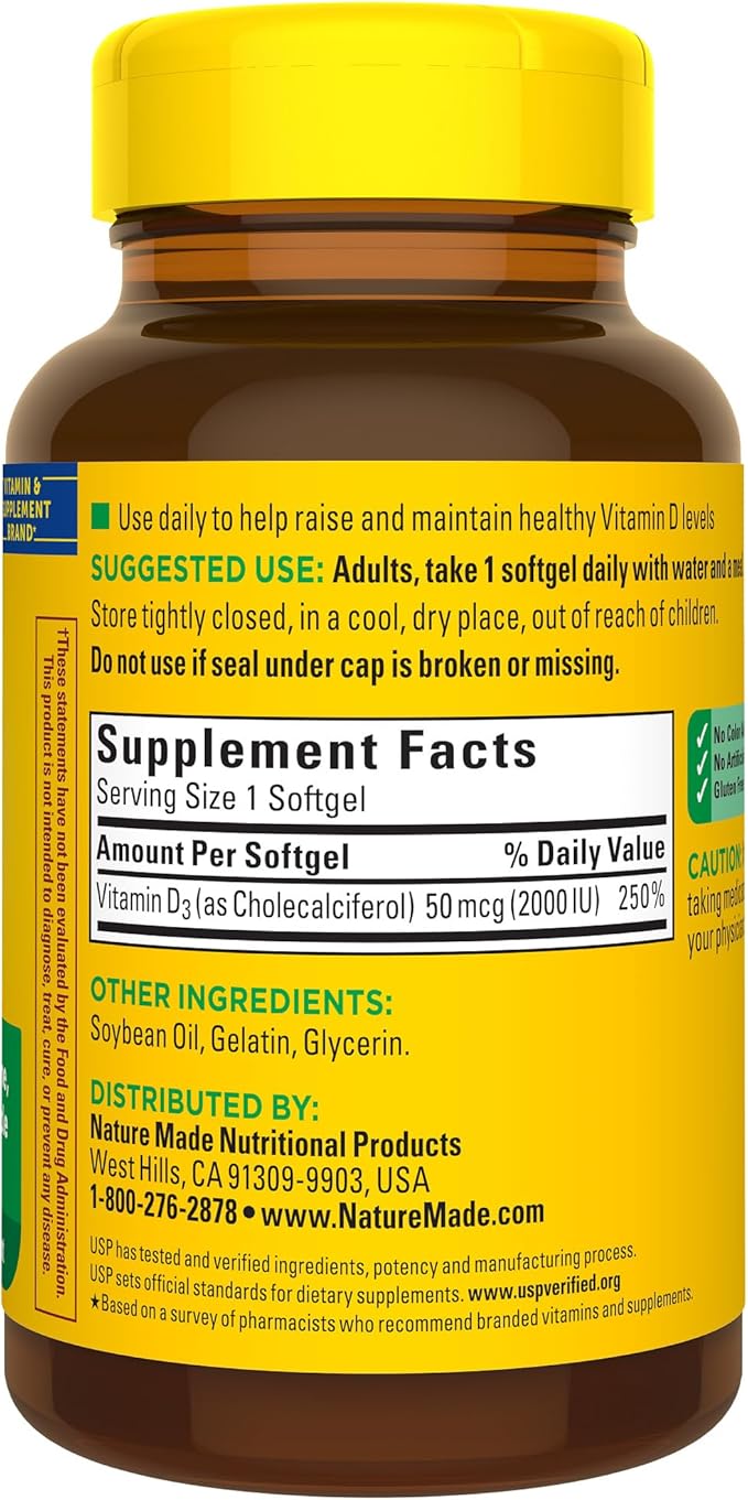 Nature Made Vitamin D3 2000 IU (50 mcg), Dietary Supplement for Bone, Teeth, Muscle and Immune Health Support, 250 Softgels, 250 Day Supply