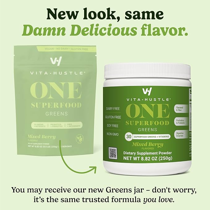 VitaHustle ONE Superfood Super Greens Powder with Prebiotics + Probiotics, Reduce Bloating, Detox, Gut Health, Spirulina, Chlorella, Digestive Enzymes (Berry Flavor, 25 Servings)