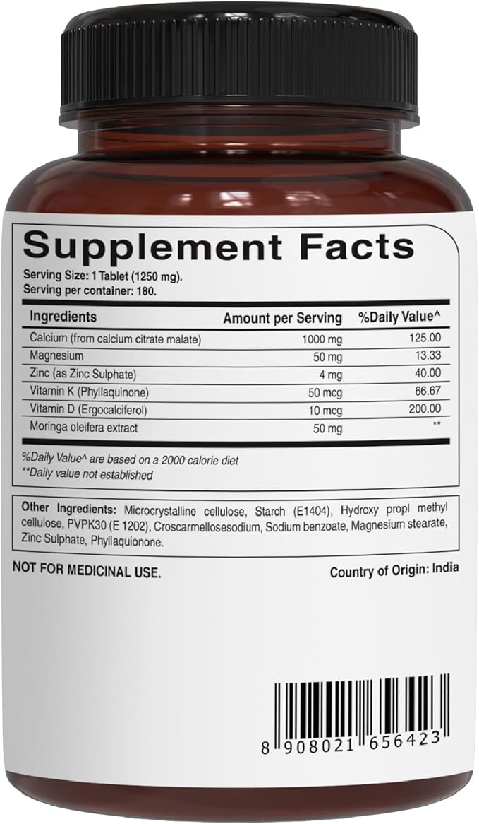 Pure Nutrition Ultra Calcium Citrate 1000mg Highly absorbable Calcium Supplement with Calcium Citrate Malate, Vitamin D, Zinc and Magnesium - 1 Tablet Daily (180 Veg Tabs) Non-GMO | Gluten-Free