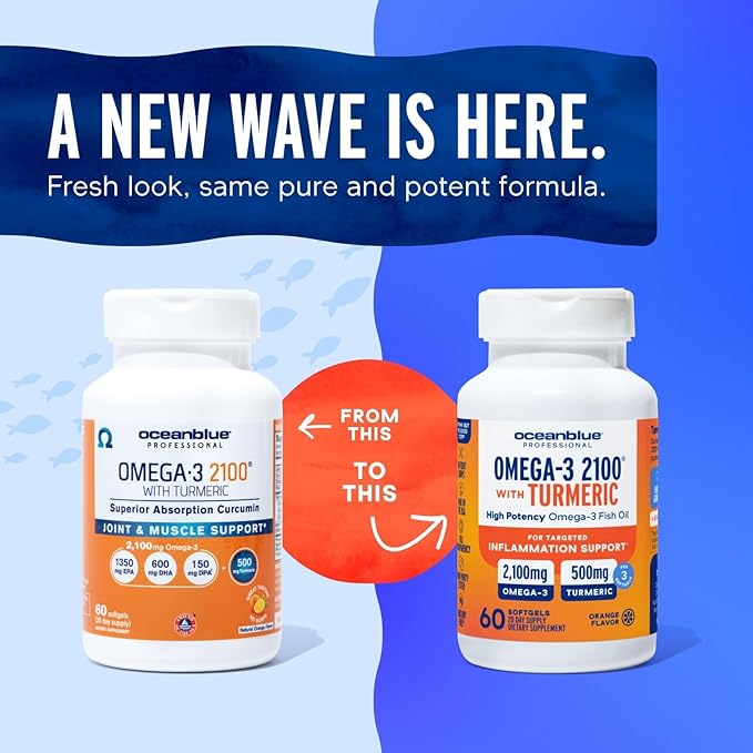 Oceanblue Professional Omega-3 2100 with Turmeric - 60 Count - Triple Strength Burpless Fish Oil for Heart Health, Joint Support Supplement - 20 Servings