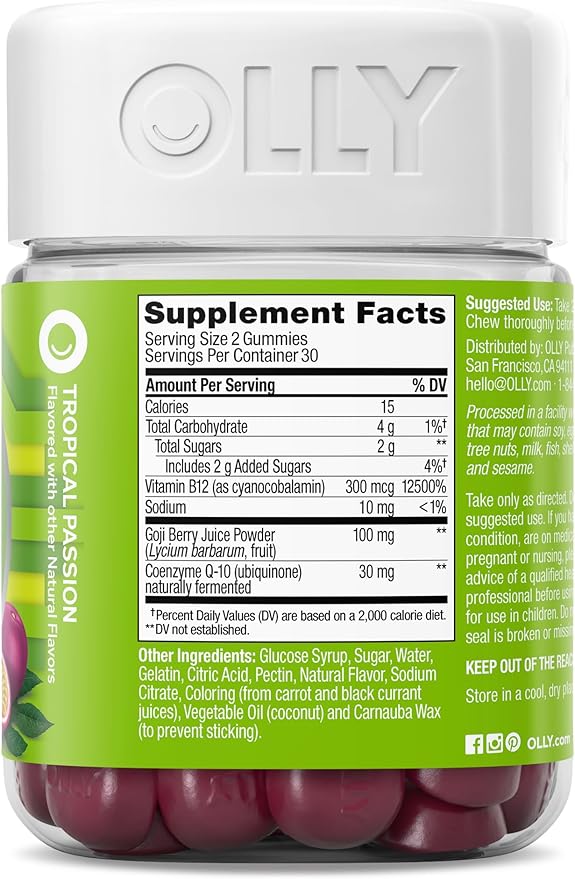 OLLY Daily Energy Gummy, Caffeine Free, Vitamin B12, CoQ10, Goji Berry, Adult Chewable Supplement, Tropical Flavor - 60 Count (Pack of 2)