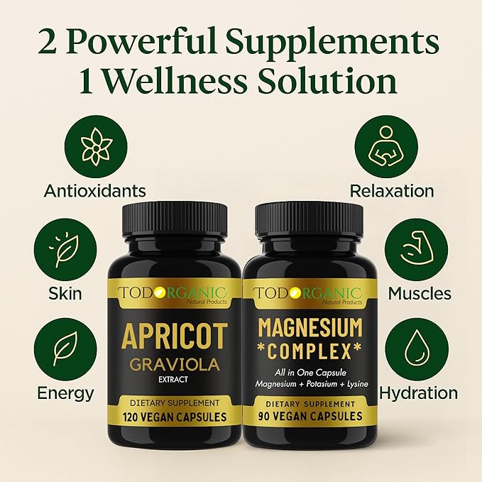 Todorganic 2-Pack: Apricot & Graviola Extract + Magnesium, Potassium & Lysine – Vegan Supplement Combo for Relaxation, Healthy Skin & Mineral Balance – Non-GMO, Gluten-Free – 2 Bottles