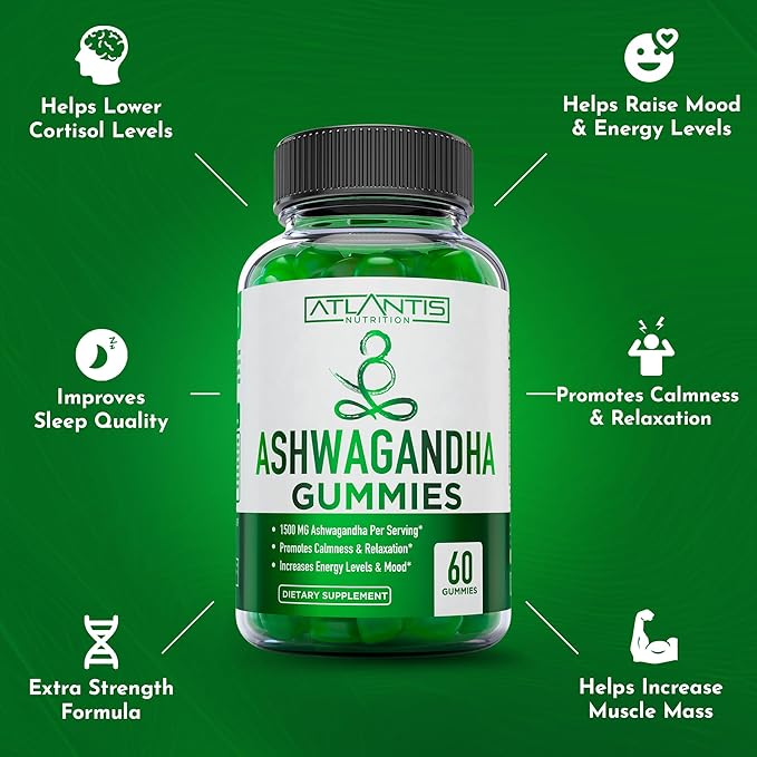Atlantis Nutrition Ashwagandha Gummies - 1500 MG Per Serving - Promotes Calmness, Improves Mood, Boosts Energy Levels & Strengthens Immune System - Formulated with Vitamin D & Zinc - Vegan | 60 Count