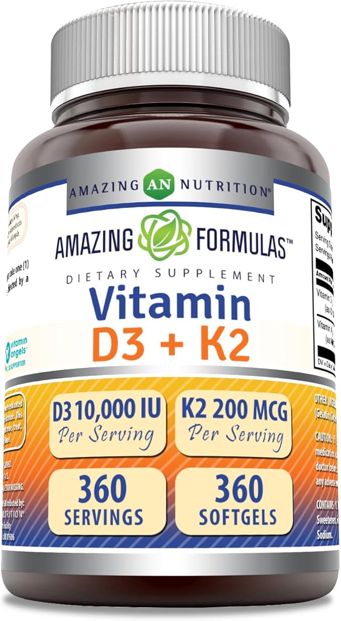 Amazing Formulas Vitamin D3 10000 IU with Vitamin K2 200 Mcg | D3 + K2 Complex Supplement | Non-GMO | Gluten-Free | Made in USA (360 Count, 1 Pack)