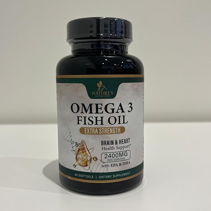 Triple Strength Omega 3 Fish Oil Supplement, EPA & DHA Fish Oil Omega 3 Essential Fatty Acids Supplement Softgels, 2400mg Brain & Heart Health Support Supplements - Gluten Free, Non-GMO, 60 Softgels