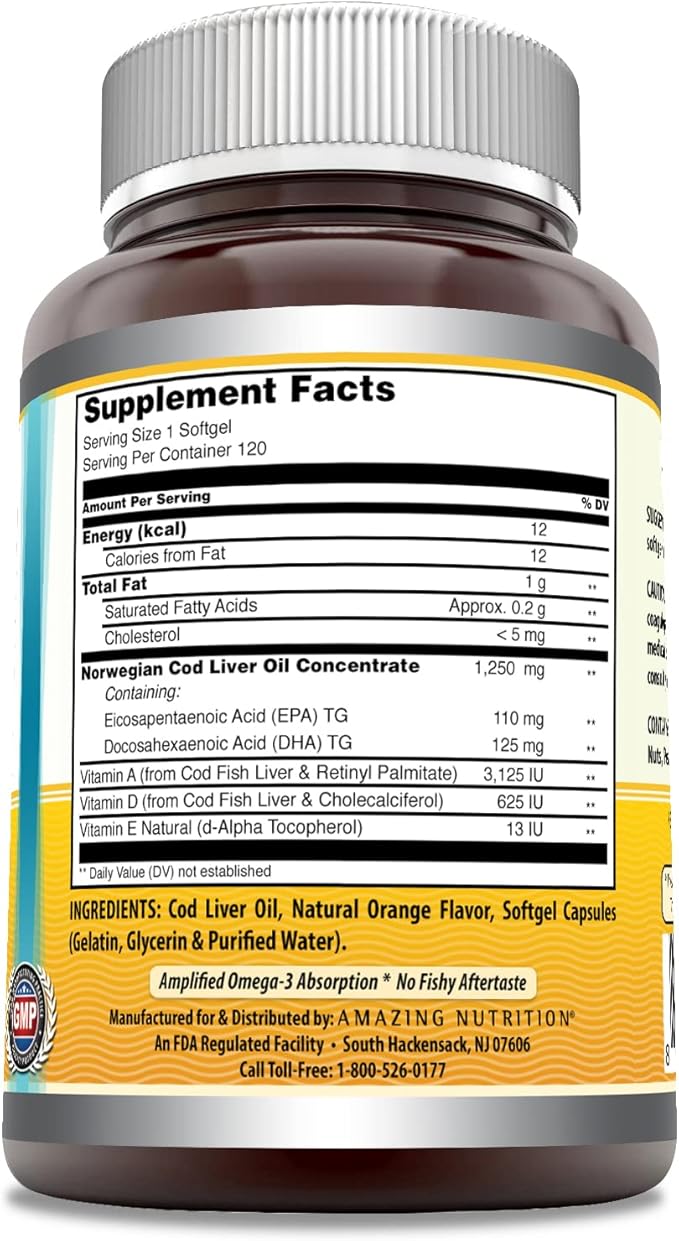 Amazing Omega Norwegian Cod Liver Oil 1250 mg 120 Softgels Supplement (Fresh Orange Flavor)