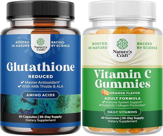 Natures Craft Bundle of Reduced Glutathione Supplement with Glutamic Acid and Chewable Vitamin C Gummies for Adults Halal Vitamin C Immune Support Gummies