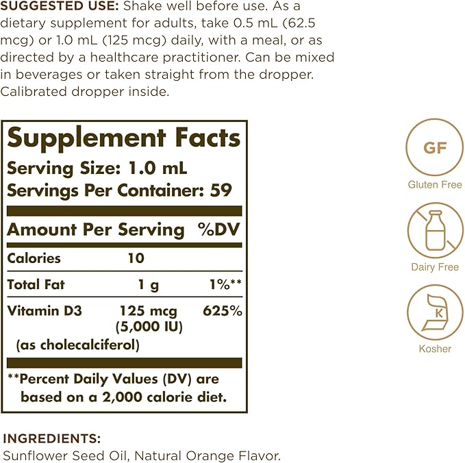 Solgar Liquid Vitamin D3 125 mcg (5,000 IU), 2 fl oz - Delicious, Natural Orange Flavor - Helps Maintain Healthy Bones & Teeth - Immune System Support - Gluten Free, Dairy Free, Kosher - 59 Servings