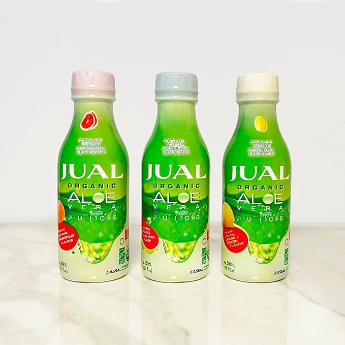 JUAL Healthy Organic Aloe Vera Juice drink, 16.7 Fl Oz - Lemon & Ginger Flavor - Aloe Vera Drink - Vegan, Zero Sugar, Aloin free Pure Aloe Juice for Gut Health - Immune Booster, 500ml (Pack of 1)