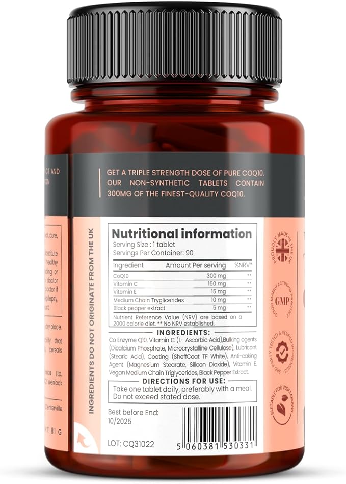 pureclinica Fermented CoQ10 300mg x 90 Tablets. Non GMO, USP Grade. with Added Vitamin C and Black Pepper Extract for Absorption.