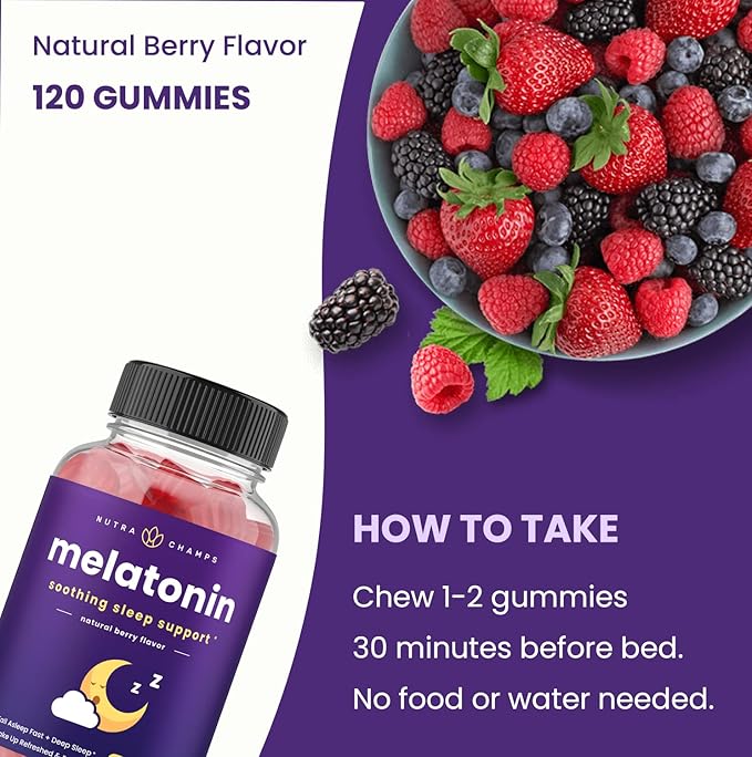 NutraChamps Melatonin Gummies for Kids & Adults, Natural Sleep Aid Drug-Free, Vegan Berry Flavor Kids Melatonin Gummy Supplement, 2.5mg, 5mg or 10mg Dose, Sleeping Pills Substitute