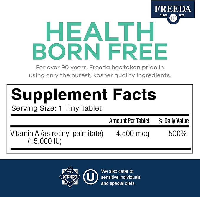 Freeda Vitamin A 15,000 IU – Retinyl Palmitate – Vegan, Kosher, No Fish – Eye, Vision, Immune & Skin Support – Tiny Easy-to-Swallow Tablets – VIT A Vitamina A Supplement – 250 Tablets