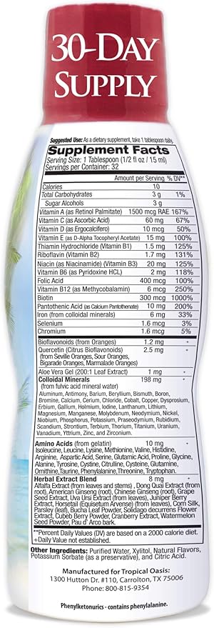 Tropical Oasis Adult Liquid Multivitamin -Liquid Multi-Vitamin and Mineral Supplement with 125 Total Nutrients Including; 85 Vitamins & Minerals, 23 Amino Acids, and 18 Herbs - 16 fl oz, 32 serv