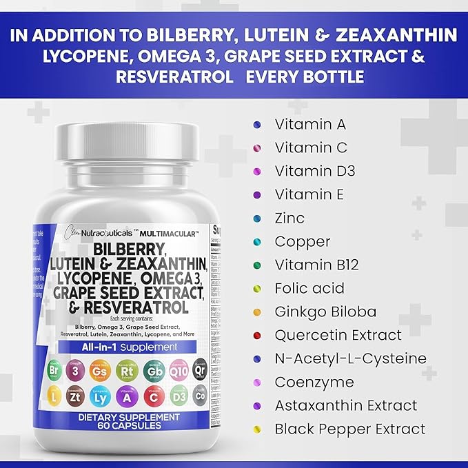 Clean Nutra Eye Vitamins with Bilberry Lutein and Zeaxanthin Supplements Lycopene 40mg Resveratrol Grape Seed Astaxanthin for Eyes - Eye Care Health Support Eye Vitamin and Mineral Supplement