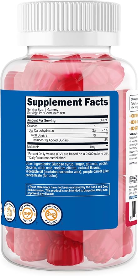 Nutricost Melatonin 1mg, 180 Gummies, Strawberry Flavored - Gluten Free, Non-GMO, No Corn Syrup