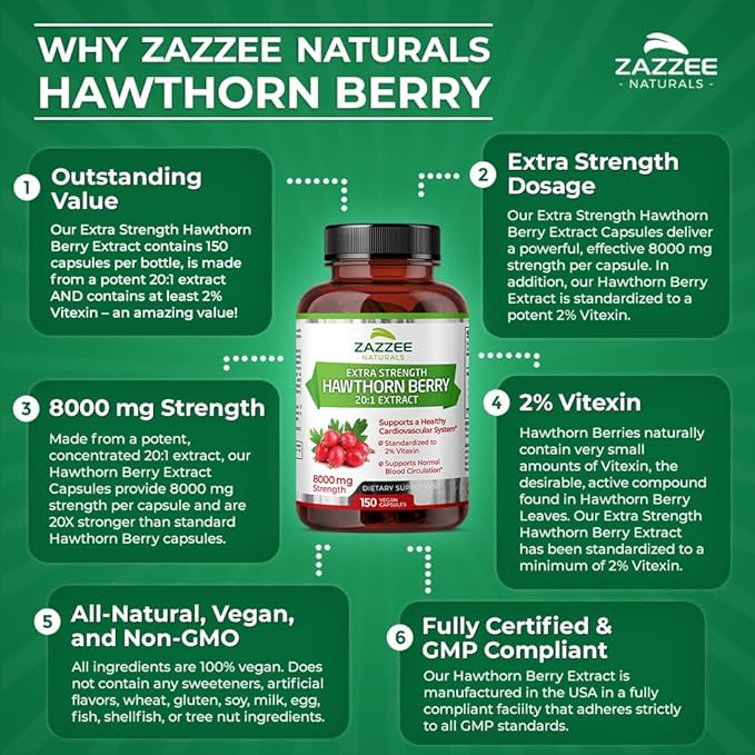 Zazzee Extra Strength Hawthorn Berry 20:1 Extract, 8000 mg Strength, 2% Vitexin, 150 Vegan Capsules, 5 Month Supply, Concentrated and Standardized Potent 20X Extract, Non-GMO and All-Natural