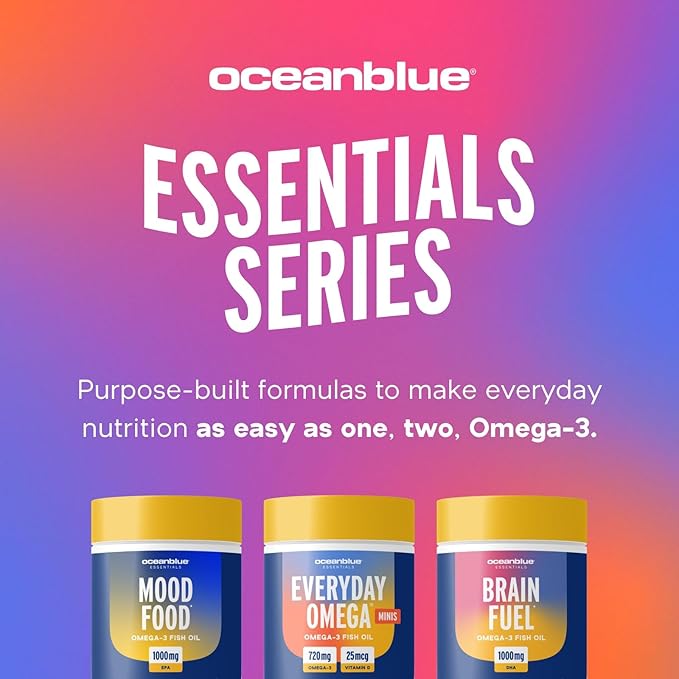 Oceanblue Essentials Everyday Omega 3 – 30 Softgels, 1 Month Supply – 720 mg of Burpless Fish Oil with 25mcg (1000IU) of Vitamin D3 – Heart and Immune Support – Molecularly Distilled – Orange Flavor
