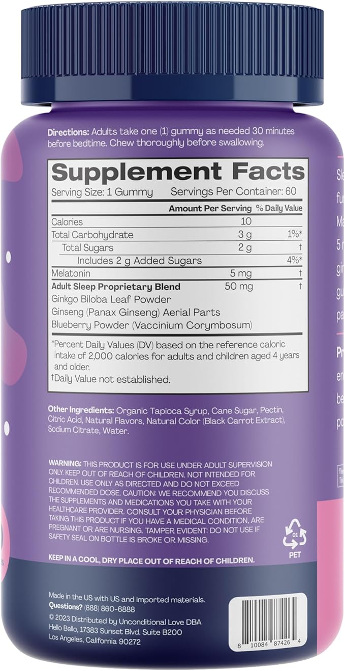 Hello Bello Adult Sleep Smart Vegan Gummies with 5mg Melatonin – Mixed Berry - 60ct