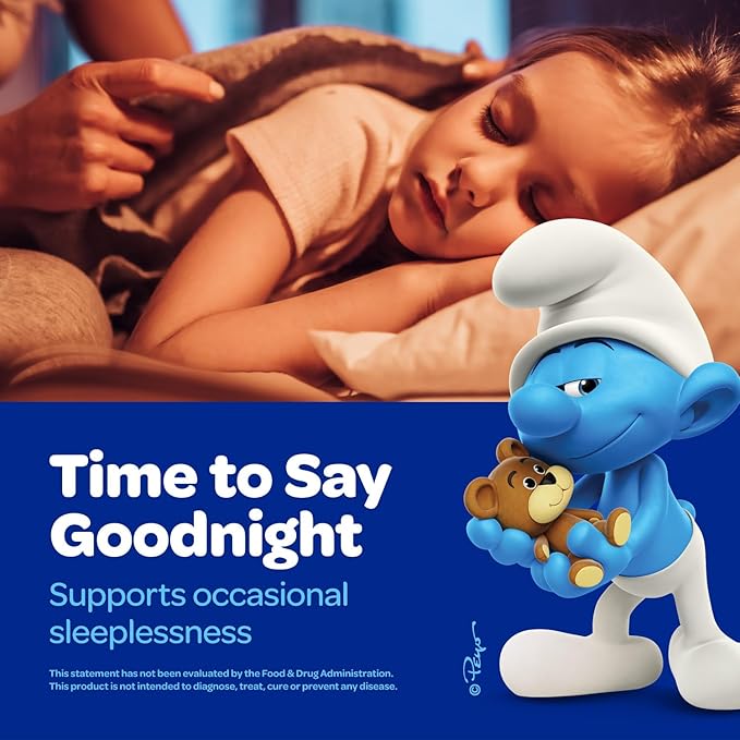 The Smurfs 1mg Melatonin Gummies for Kids with Chamomile & Lemon Balm for a Restful Sleep Age 3+ | Non-Habit Forming | Made with Real Fruit in a Smurf Berry | Doctor Developed | 50 Vegetarian Gummy