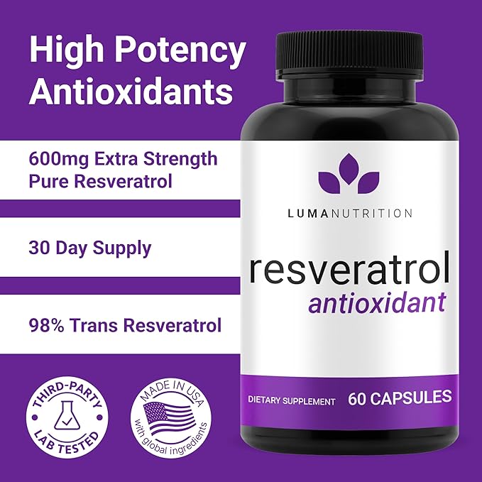 Luma Nutrition High Purity Resveratrol Supplement 1200mg Serving - 98% Trans-Resveratrol - Antioxidant - Vegan & Gluten-Free - 60 Capsules