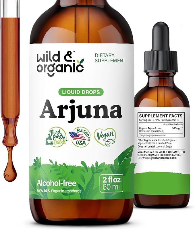 Wild & Organic Arjuna Tincture - Overall & Antioxidant Support Supplement - Terminalia Arjuna Bark Extract Drops - Vegan, Sugar & Alcohol-Free - 2 fl oz