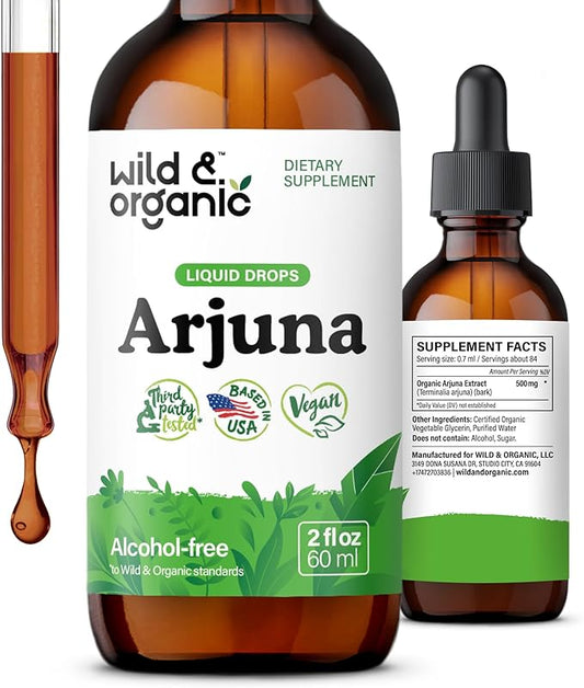 Wild & Organic Arjuna Tincture - Overall & Antioxidant Support Supplement - Terminalia Arjuna Bark Extract Drops - Vegan, Sugar & Alcohol-Free - 2 fl oz